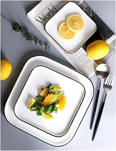 Miniatura 3 de Plato de comida occidental de cerámica con bordes negros, plato cuadrado de bistec doméstico, plato redondo blanco, plato de postre, plato de pasta