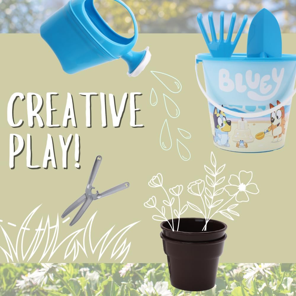 Toyland® 9 Piece Bluey Garden Set - Bucket, Watering Can, 2 Flower Pots and 6 Garden Tools Included - Outdoor Garden Toys