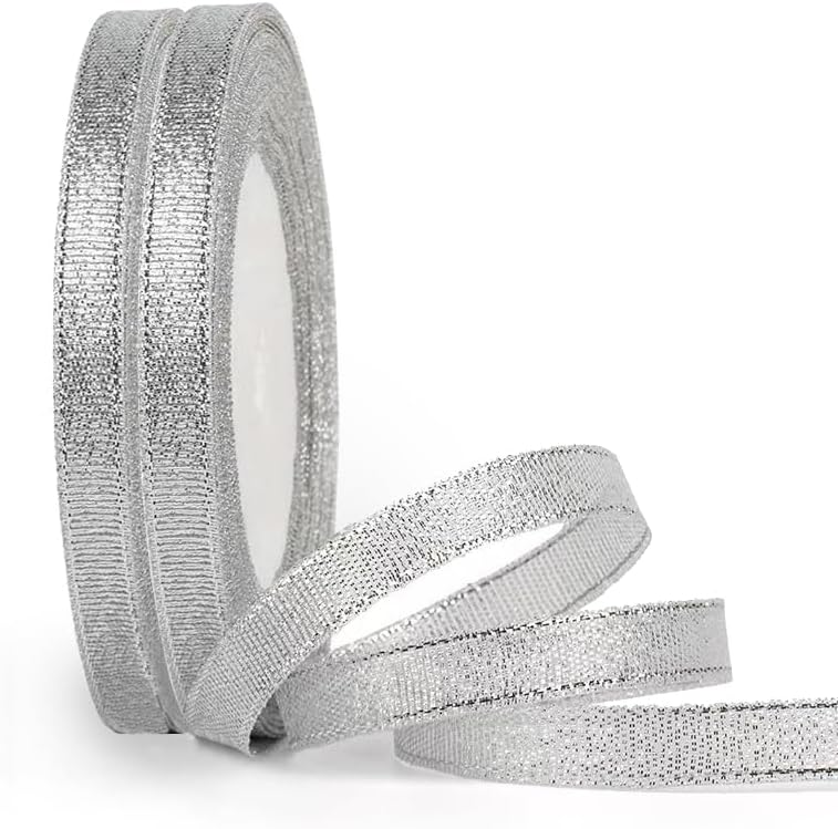 Silver Glitter Ribbon 1/2 Inch, Sparkly Metallic Fabric Ribbons for Father's Day Decor, Gifts Wrapping, Crafts. 25 Yards/Roll x 2 Rolls
