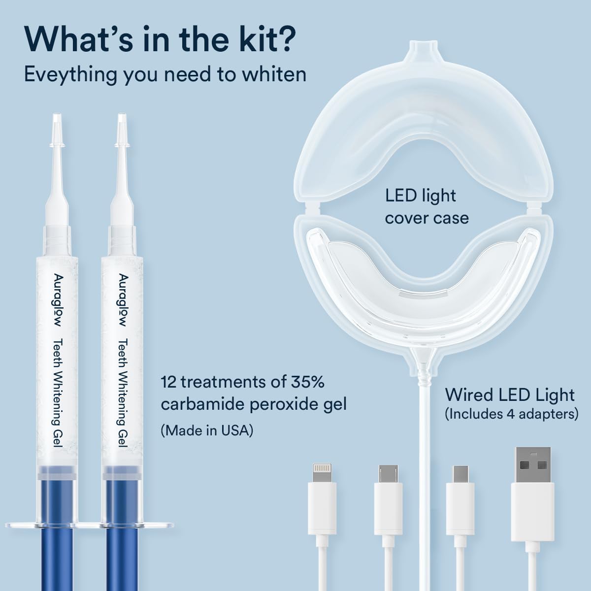 Auraglow Wired LED Teeth Whitening Kit & Extra Strength 44% Carbamide Peroxide Teeth Whitening Gel Refill Pack, 42 Treatments, Whiten Up to 10 Shades