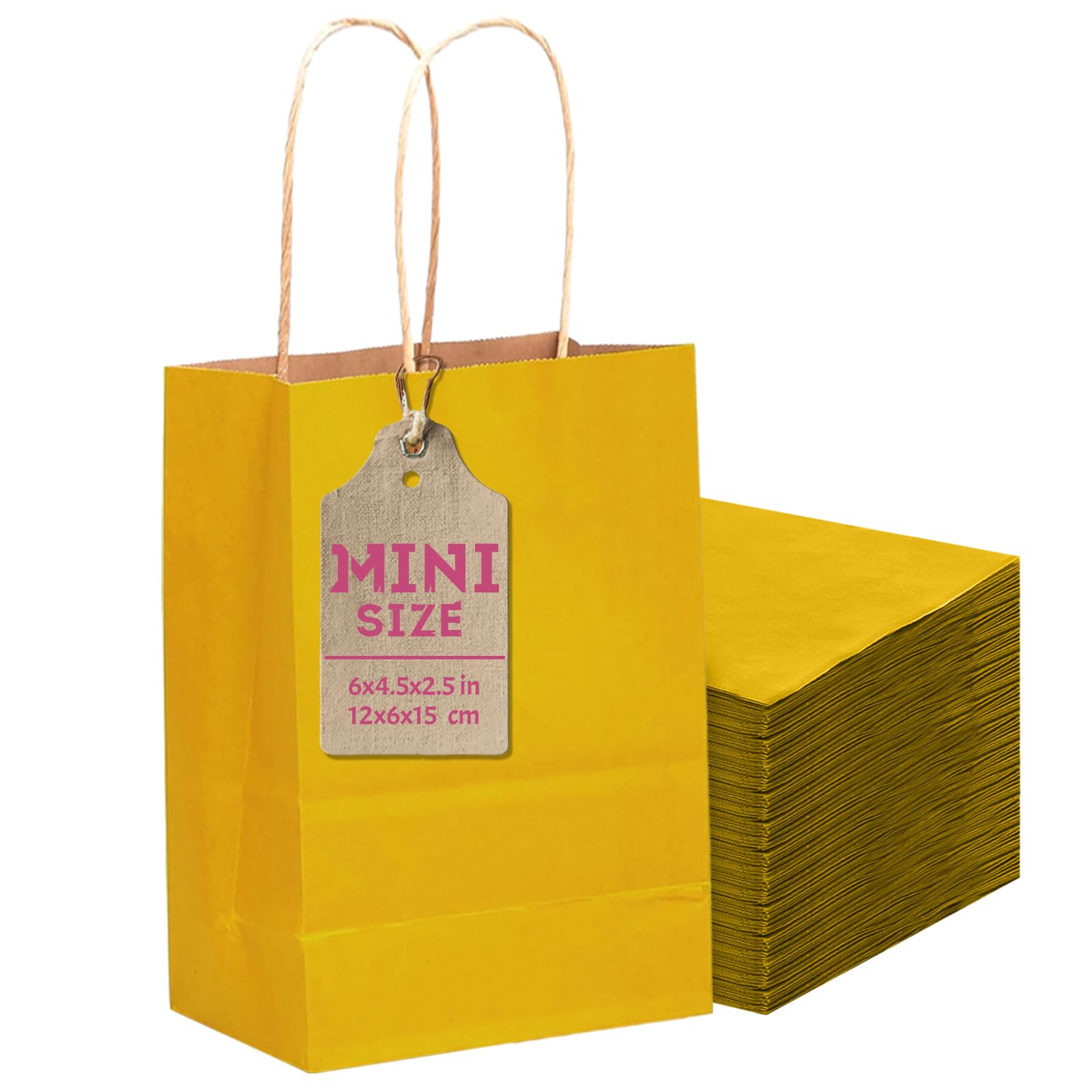 Gcardist 24 Pcs Bright Yellow Mini Gift Bags with Handles 6"x4.5"x2.5" Paper Kraft Party Treat Bags