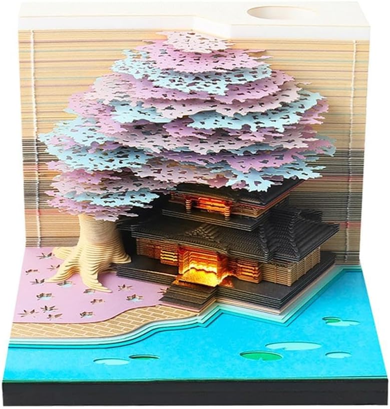 Time Piece Calendar, 2026 Desk Calendar with LED Light, 3D Tear-Away Paper Carving Art Memo Pad Notepad Gift for Christmas Housewarming Desktop Decoration(with Calendar & Light)