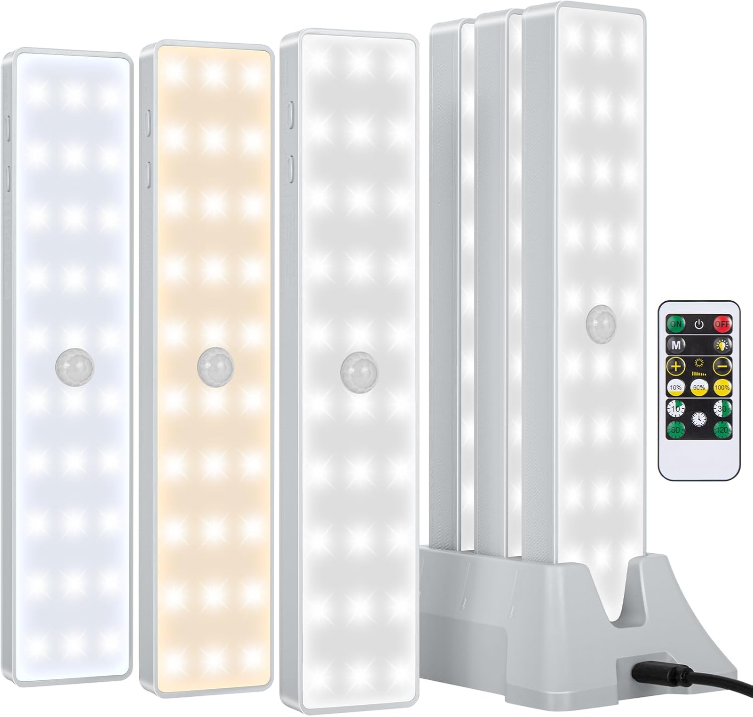 Under Cabinet Lights with Charging Station, 3 Pack Rechargeable 3 Color Temperatures Motion Sensor Closet Lighting, Dimmable RV Step Lights Stick-Anywhere LED Night Bar for Kitchen,Wardrobe,Stairs
