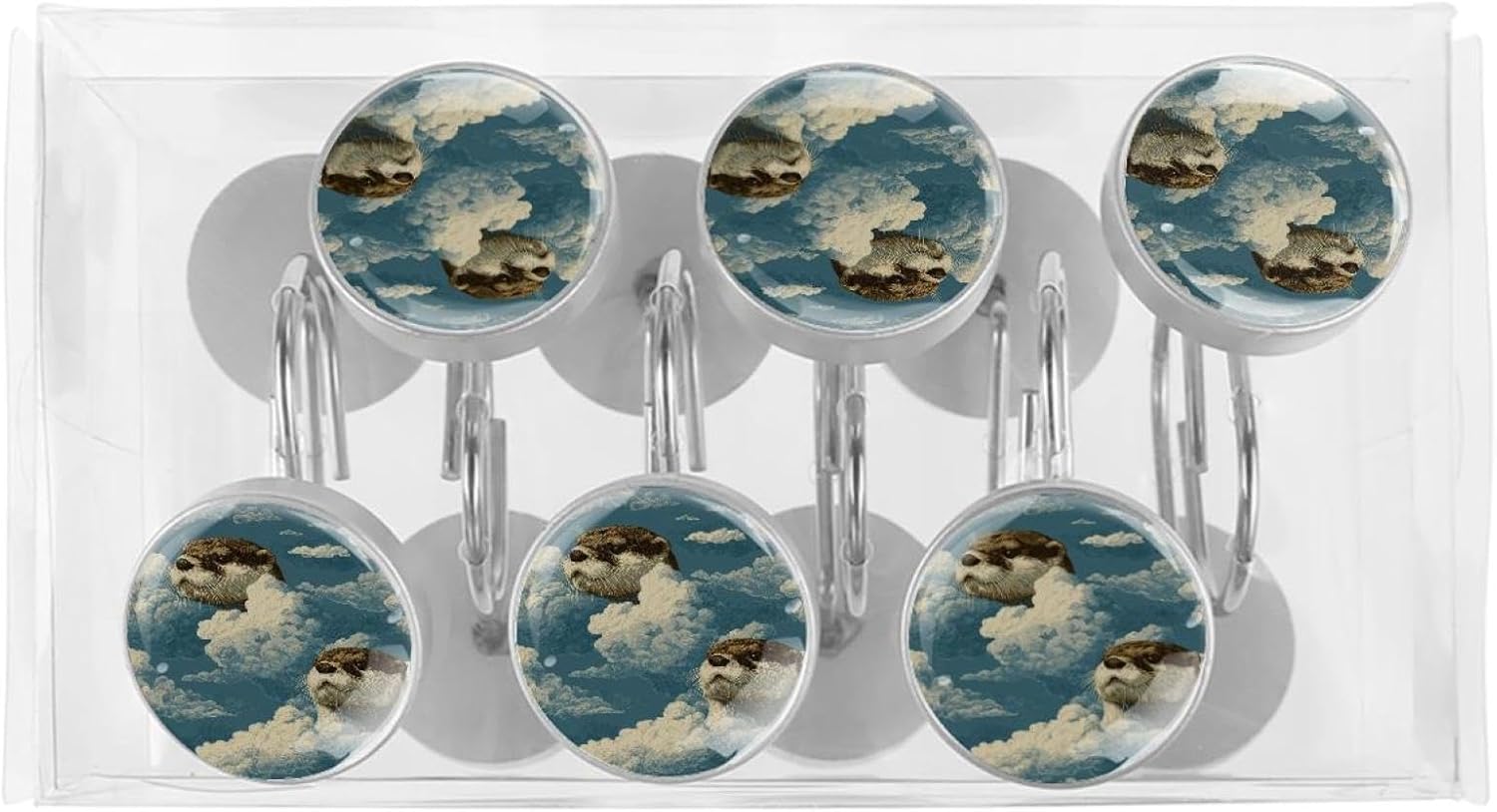 Otters Clouds Blue Rolling Shower Curtain Hooks,Clear Crystal Glass Art Decorative Stainless Bath Bathroom Set 12 Pcs