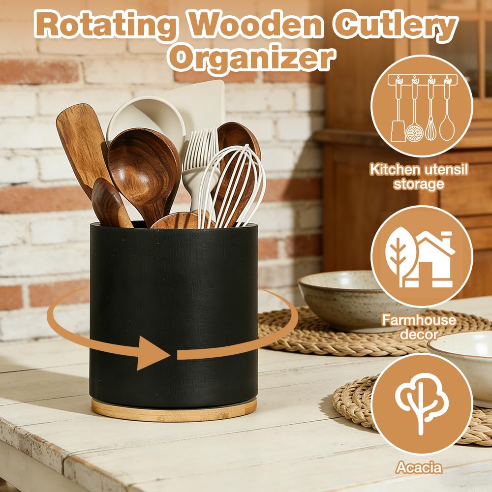 NAVESO Porta Mestoli da Cucina, Porta Utensili da Cucina in Legno Girevole a 360°, Impermeabile Portamestoli Cucinas per Cucchiaio, Frusta, Forchetta Nero