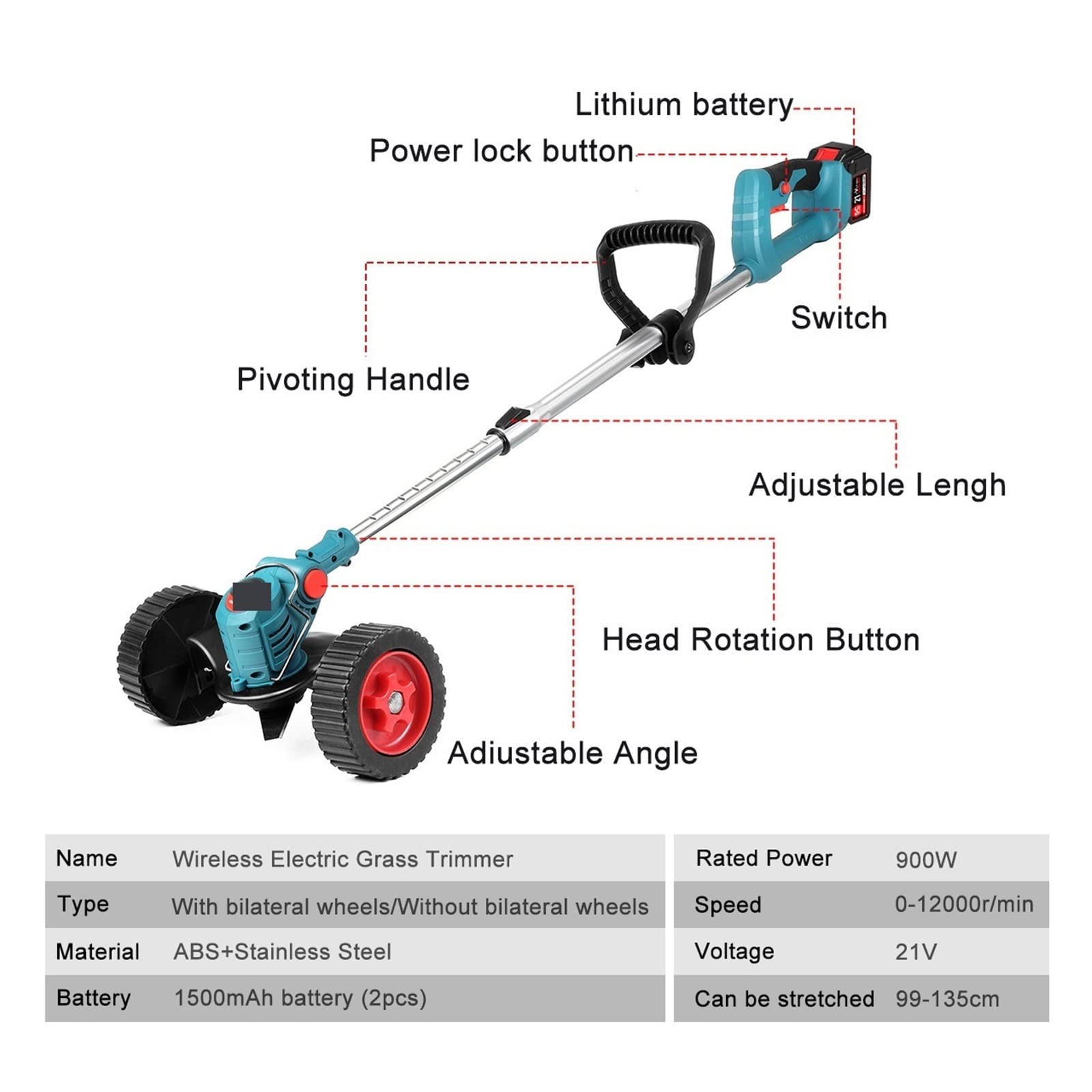 BODORME String Trimmer and Edger 21V Electric Lawn Trimmer Cordless Lawn Mower Adjustable Length Cutter Garden Tools (Not Bilateral Wheels) Product Image 3