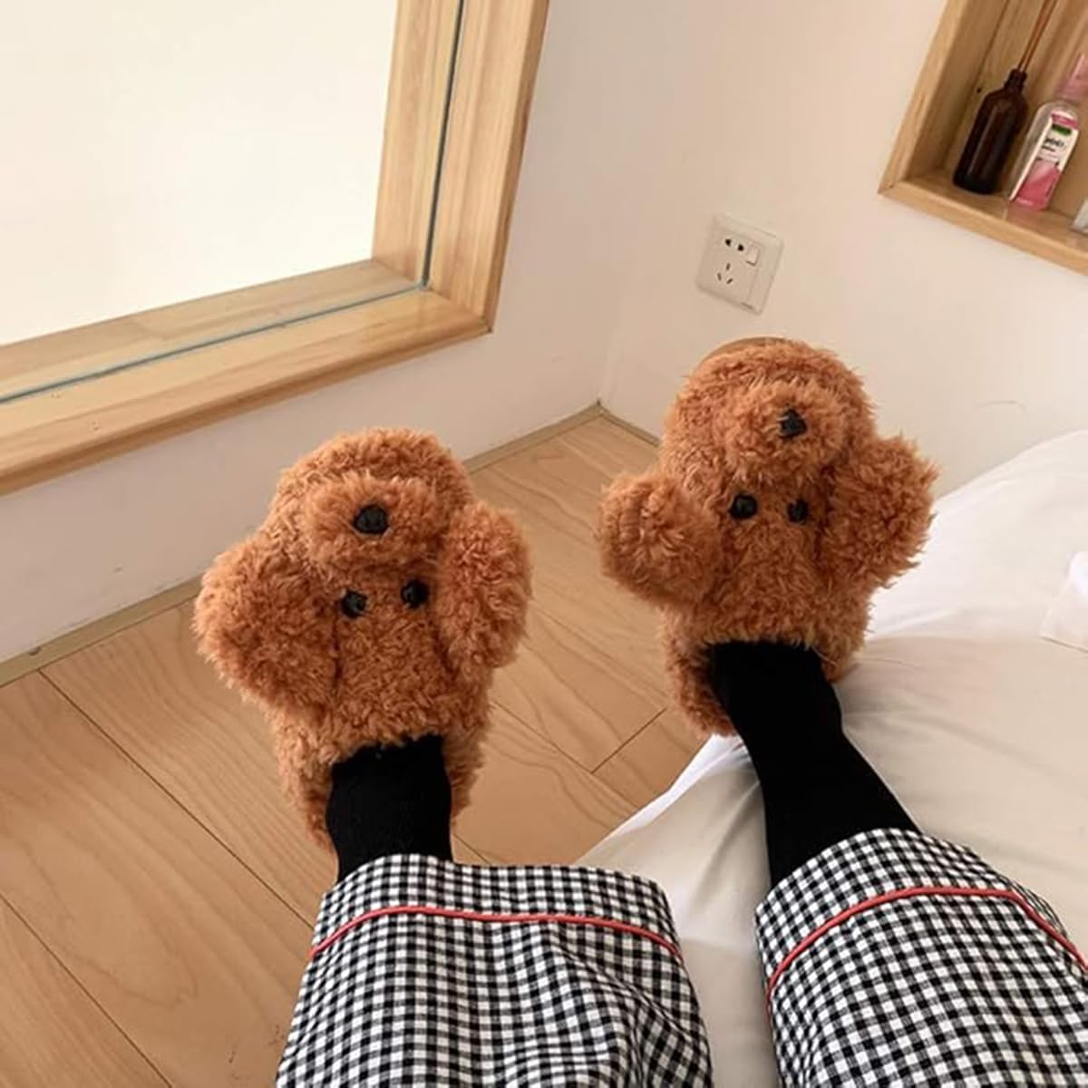 Plush Cute Indoor/Outdoor Slippers - Teddy Dog Style, Non-Slip Sole, Washable - Girls' Spring/Autumn/Winter (Khaki, Size 5-6.5) - Image 3