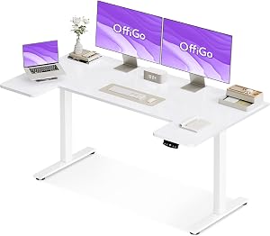 OffiGo Escritorio Elevable Eléctrico, 140 x 70 cm, Mesa de Trabajo Ajustable en Altura, Mesa de Trabajo con Forma de U para Home Office, Estilo Moderno, Función de Memoria, Motor Silencioso, Blanco