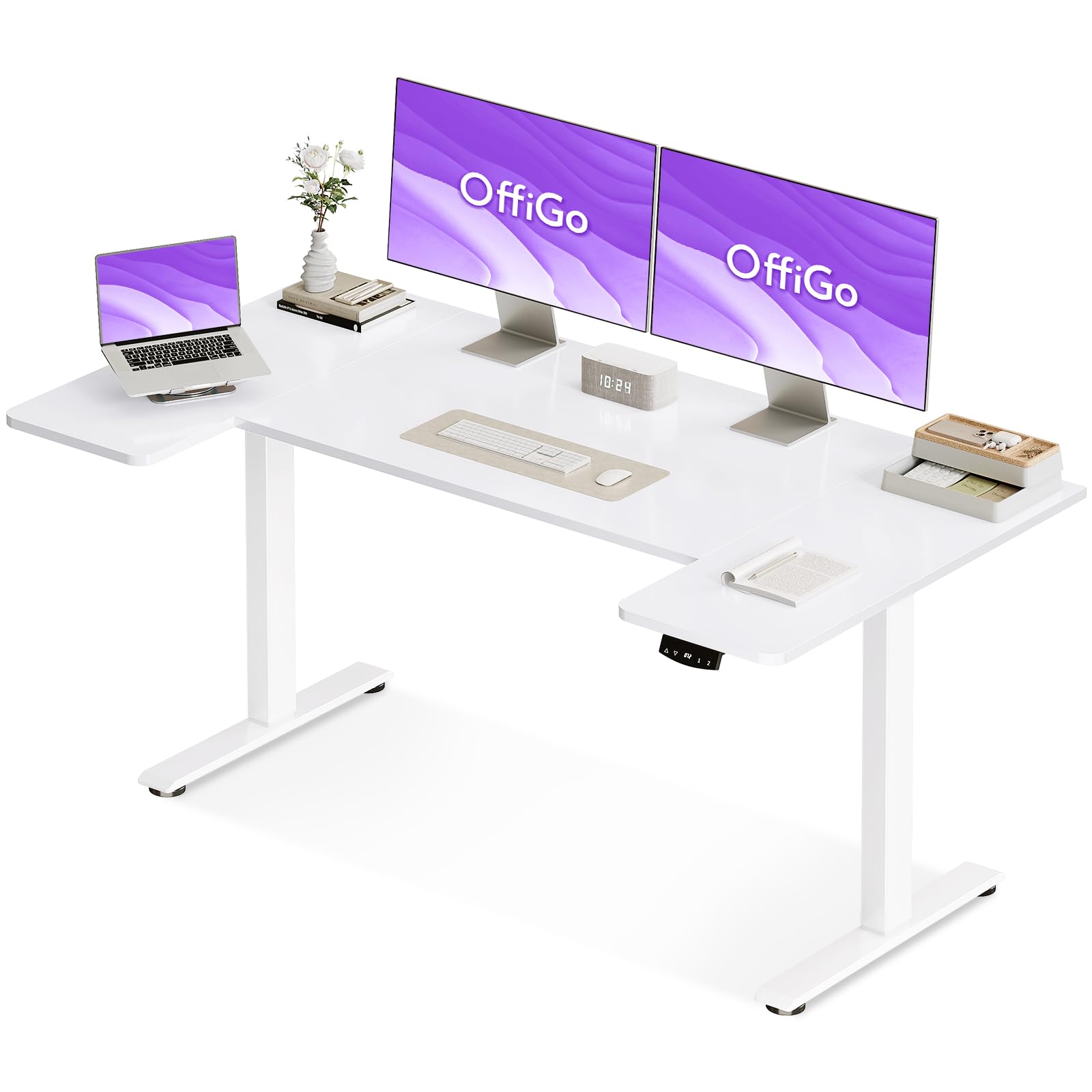 OffiGo U-förmiges Höhenverstellbarer Schreibtisch, 140 x70 cm, Elektrischer Steh-Sitz Tisch, Standing Desk, Home Office Computertisch, Memory Funktion, Leiser Motor, Weiß