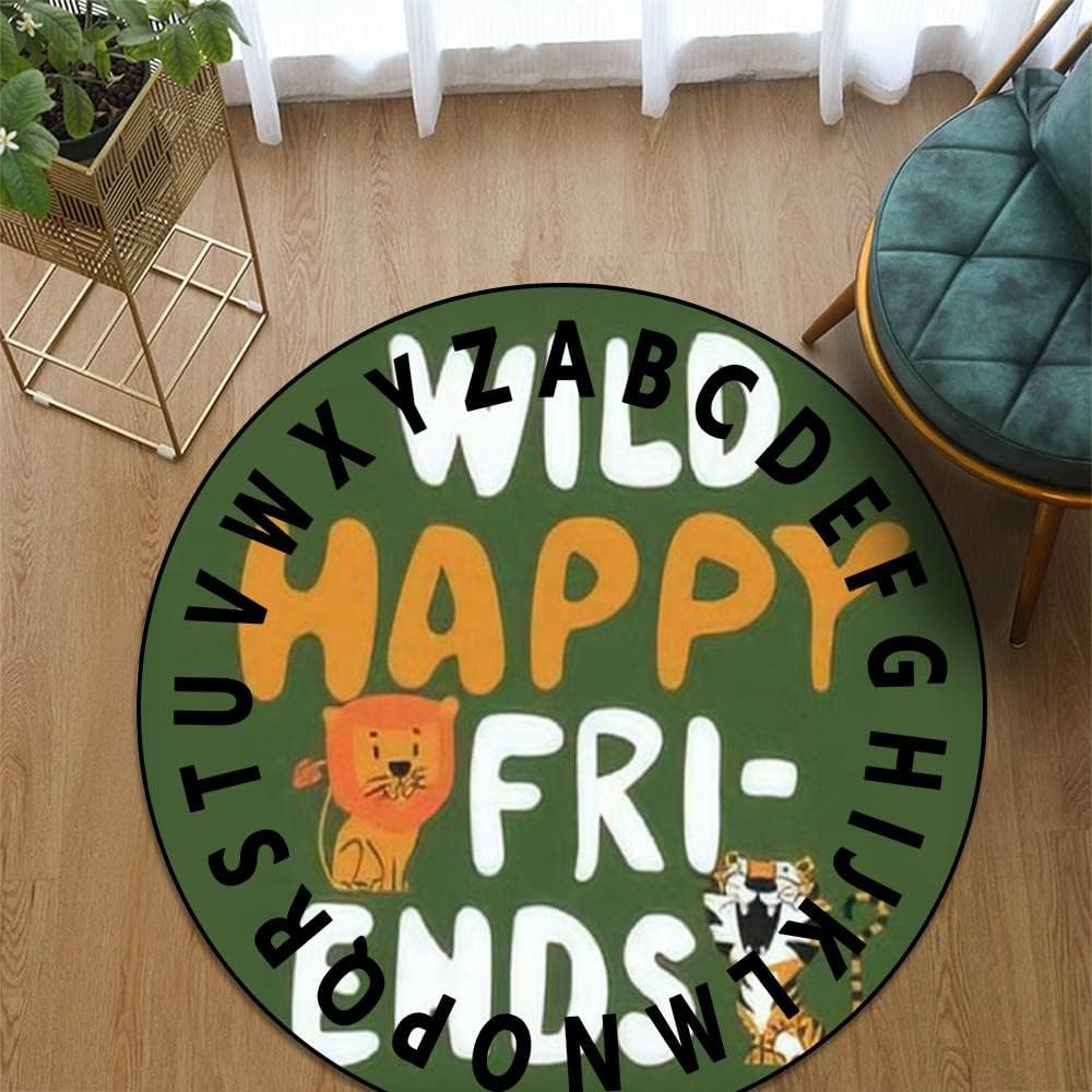 Alphabet Rug Cute Lion Tiger Character Drawing Round ABC