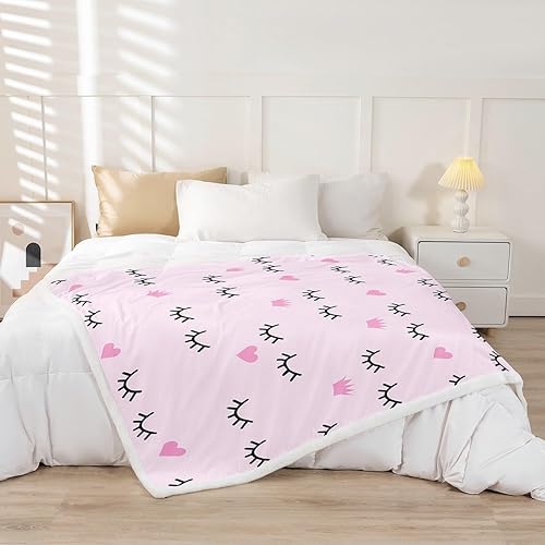 Miniatura 2 de Manfei Eyelash Kids Throw Blanket Hearts Crown Print Fuzzy Blanket for Girls Princess Room Decor, Fashion Pink Blanket for Bed Couch Sofa, Soft and
