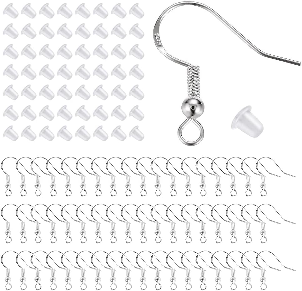 - 925 Sterling Silver Hypoallergenic Earring Hooks 100 Pairs for Jewelry Making, Fish Hook Earrings Making Kit, DIY Earring Findings Jewelry Making Supplies, with 200 PCS Earring Backs,Christmas Gifts