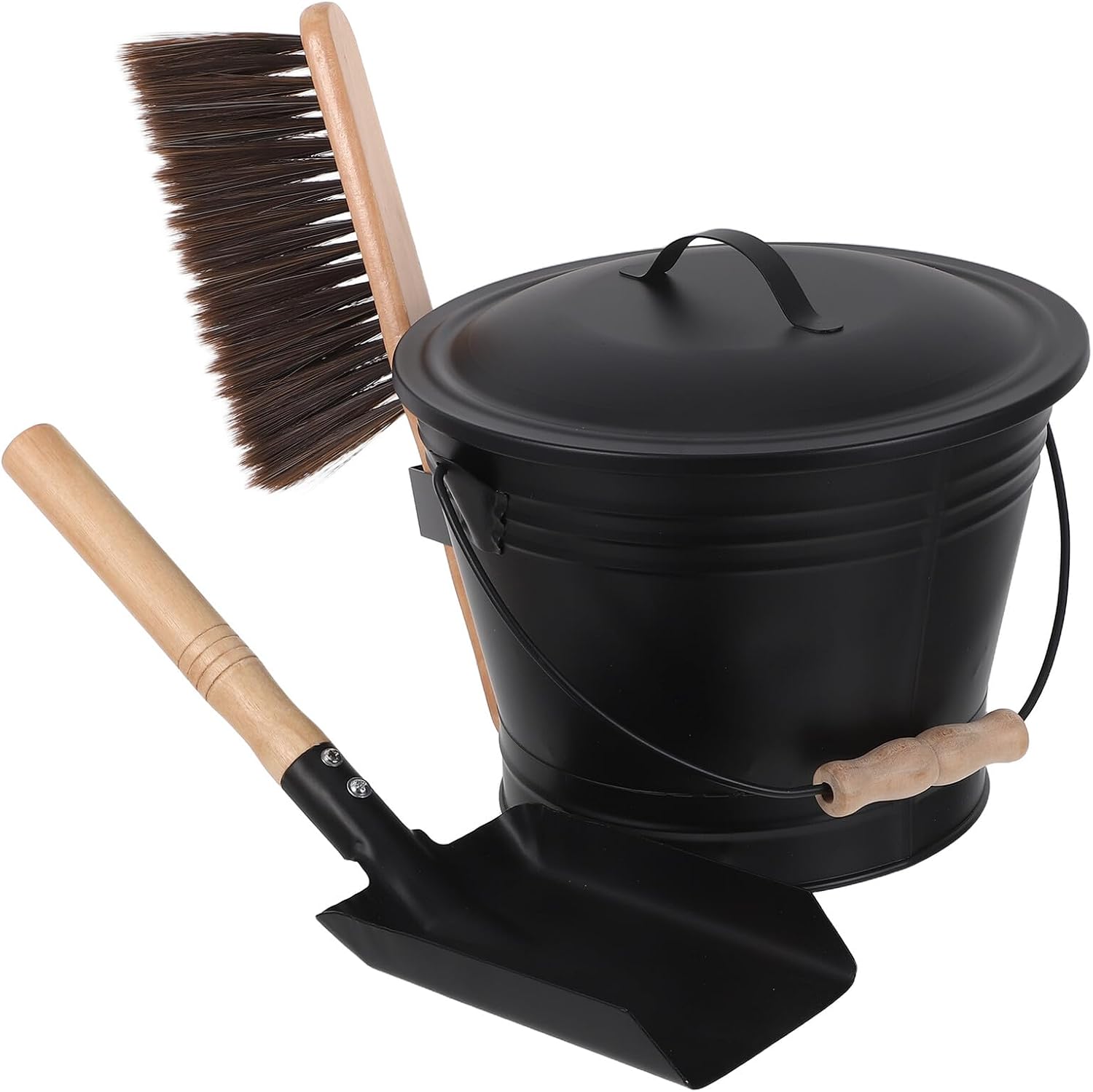 Luxshiny Fireplace Tool Set with Metal Ash Bucket 2.5 Gallon, Wood Burning Stove Tools Kit with Broom and Shovel for Indoor and Outdoor Ash Cleaning