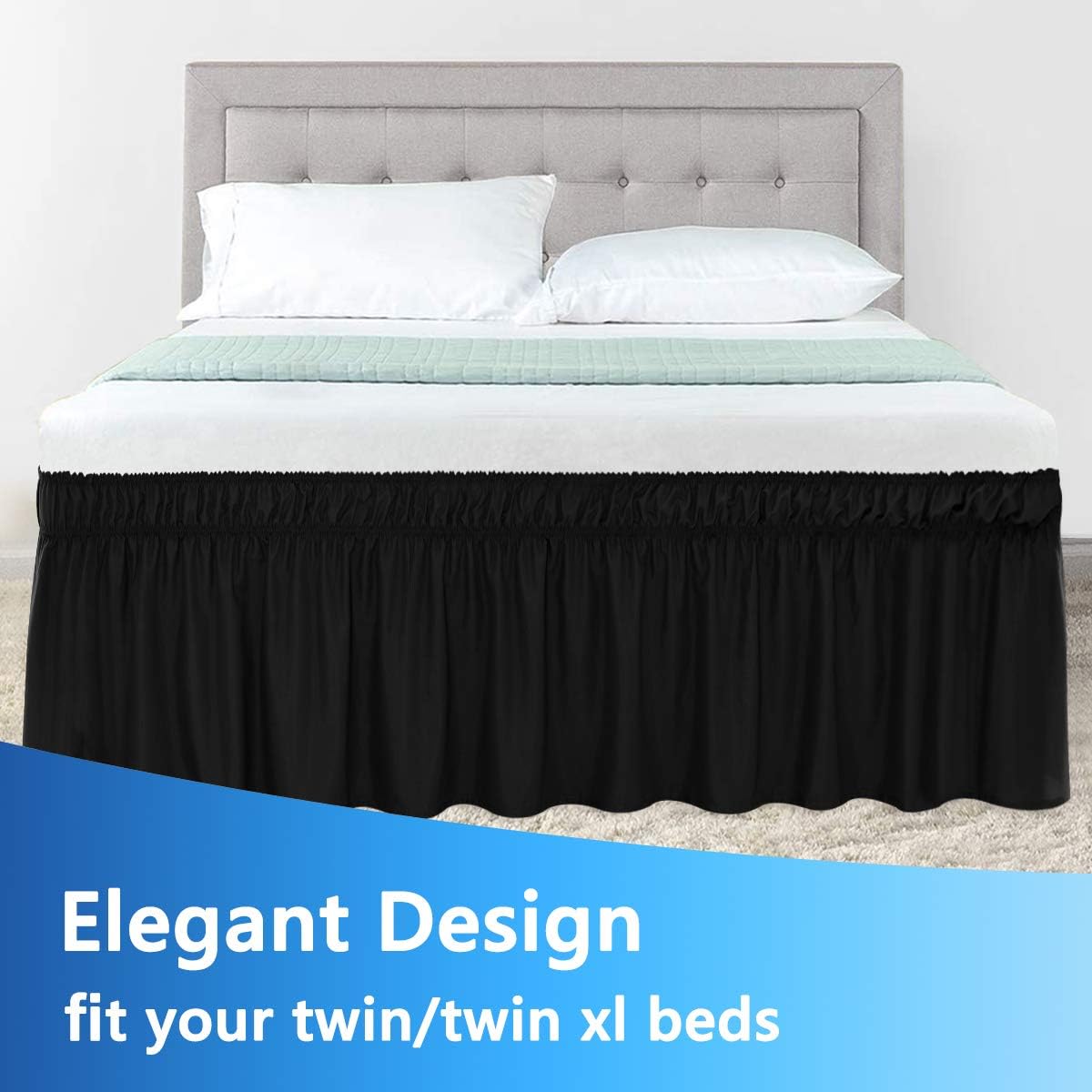 Guken Bed Skirt Wrap Around Elastic Dust Ruffles Solid Color Wrinkle and Fade Resistant with Adjustable Elastic Belt Easy to Install Black for Twin/Twin XL Size 15 Inch Drop, Black