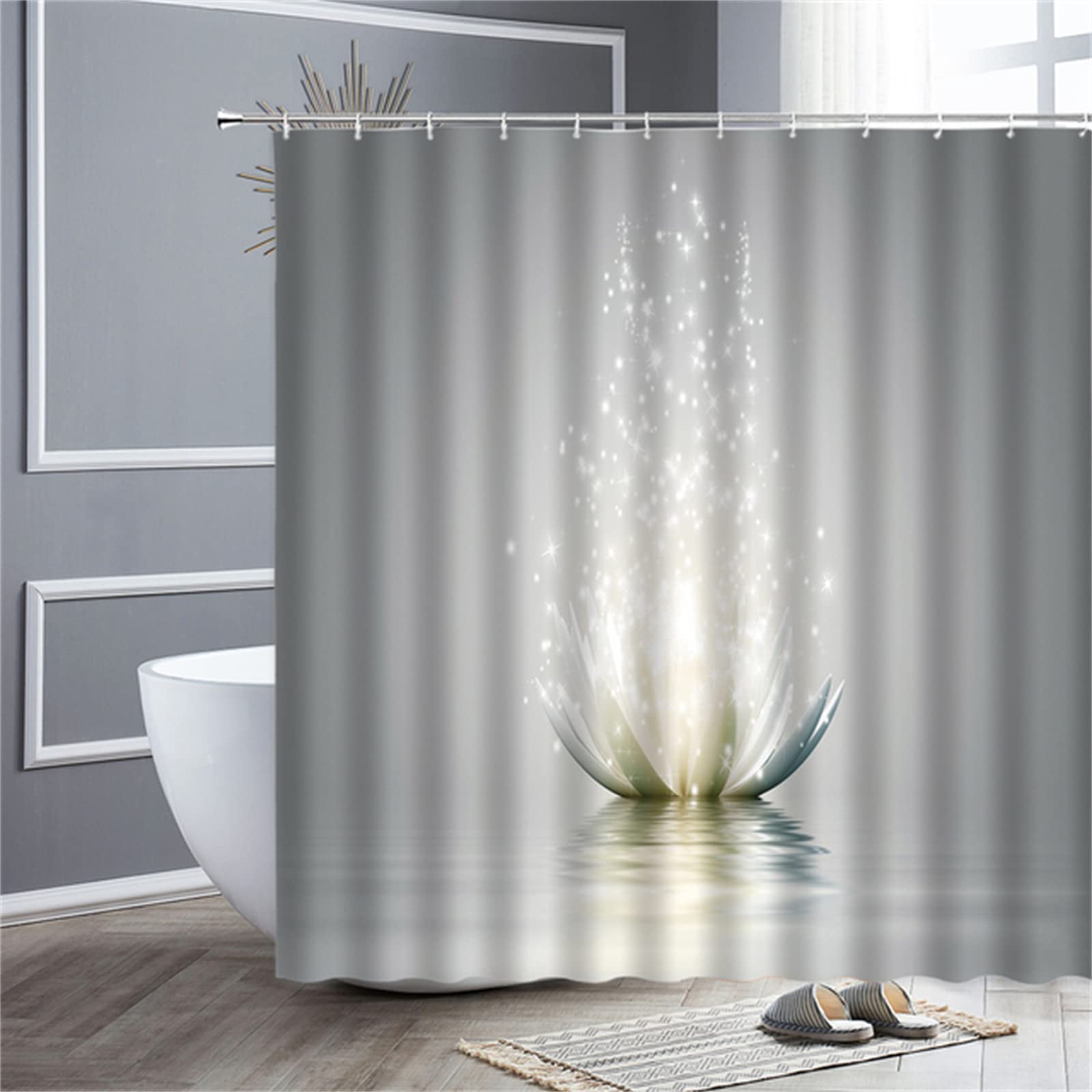 Tenda da Doccia W300cm x L180cm, Tessuto Set di Decorazioni per Il Bagno con Ganci,Loto grigio Tenda da Bagno Impermeabile in Poliestere, per la Vasca da Bagno Decoro