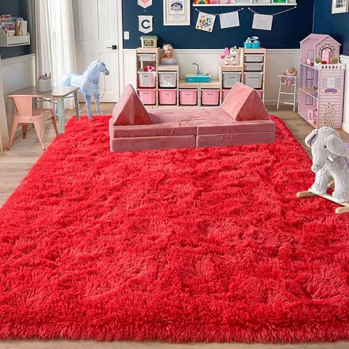Rugs for Living Room 6x9, Soft Shaggy Modern Shag Area Rug for Bedroom, Upgrade Non-Slip Plush Fluffy Carpet for Kids Boys Girls Room Home Decor Aesthetic, Red