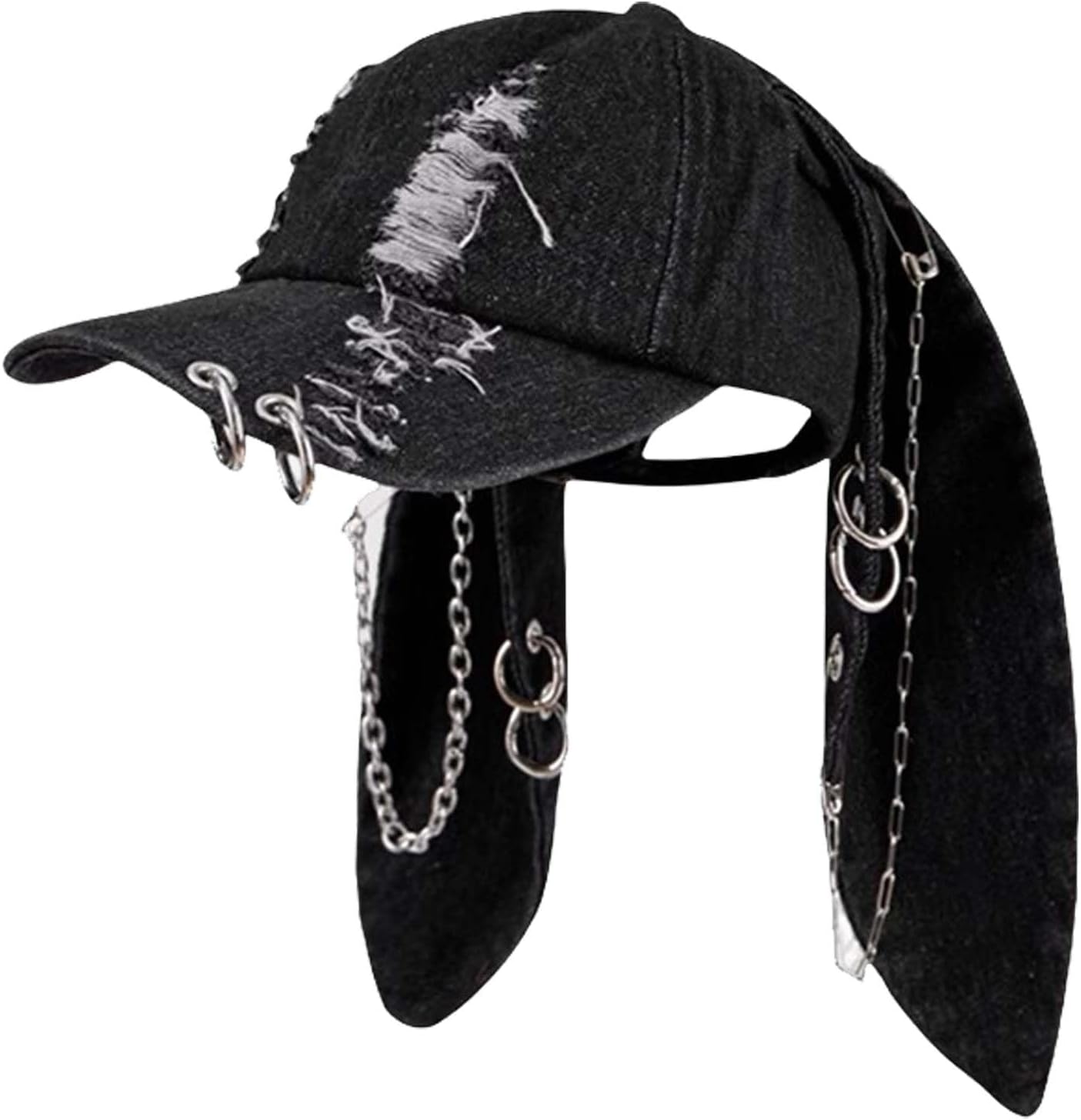 with Ears Y2k Grunge Metal Iron Ring Chain Distressed Denim Baseball Cap Sun Caps Hiphop Dance Hat