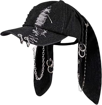 with Ears Y2k Grunge Metal Iron Ring Chain Distressed Denim Baseball Cap Sun Caps Hiphop Dance Hat