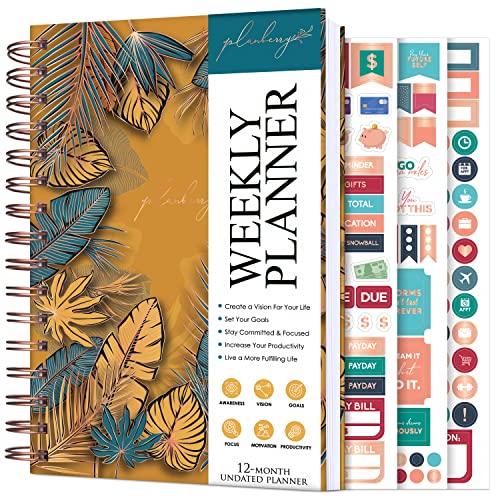 PLANBERRY Wochenplaner – undatierter Lebensplaner & Budgetplaner – Zeitmanagement, Zieleinstellung, To-Do-Liste, Work-Life-Balance und Gewohnheiten-Tracker – 15,5 x 20,6 cm (goldener Dschungel)