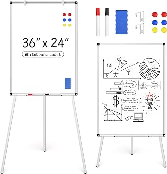 Magnetic Whiteboard Easel Stand, Dry Erase 36 x 24 White Board with Height Adjustable Tripod Stand, 3 x 2 Flipchart Easel Stand Presentation Board, 6 Magnets, 1 Eraser, 2 Pens
