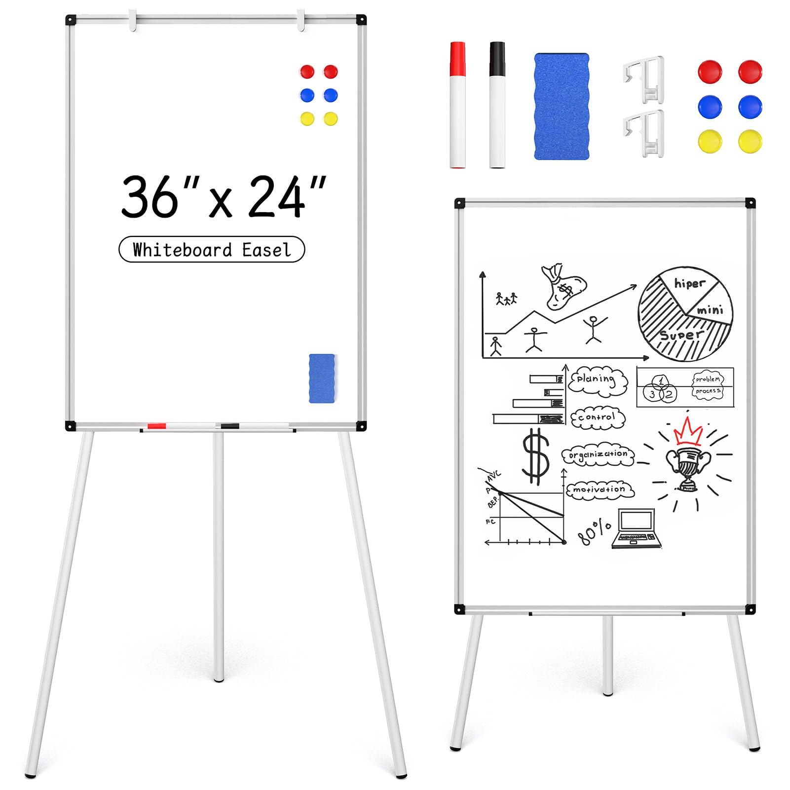 Magnetic Whiteboard Easel Stand, Dry Erase 36 x 24 White Board with Height Adjustable Tripod Stand, 3' x 2' Flipchart Easel Stand Presentation Board, 6 Magnets, 1 Eraser, 2 Pens