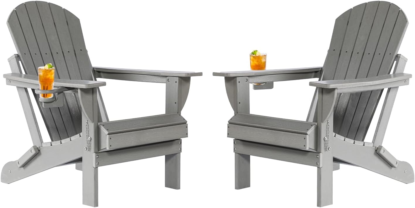Folding Adirondack Chairs Set of 2,HDPE Wooden Textured Plastic Adirondack Chairs,Outside Weather Resistant Fire Pit Chairs with Cup Holder, Patio Chair for Garden Backyard,Gray.