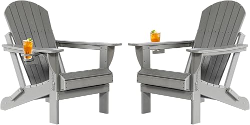 Juego de 2 sillas Adirondack plegables de plástico texturizado de madera HDPE, sillas Adirondack resistentes a la intemperie exteriores con soporte