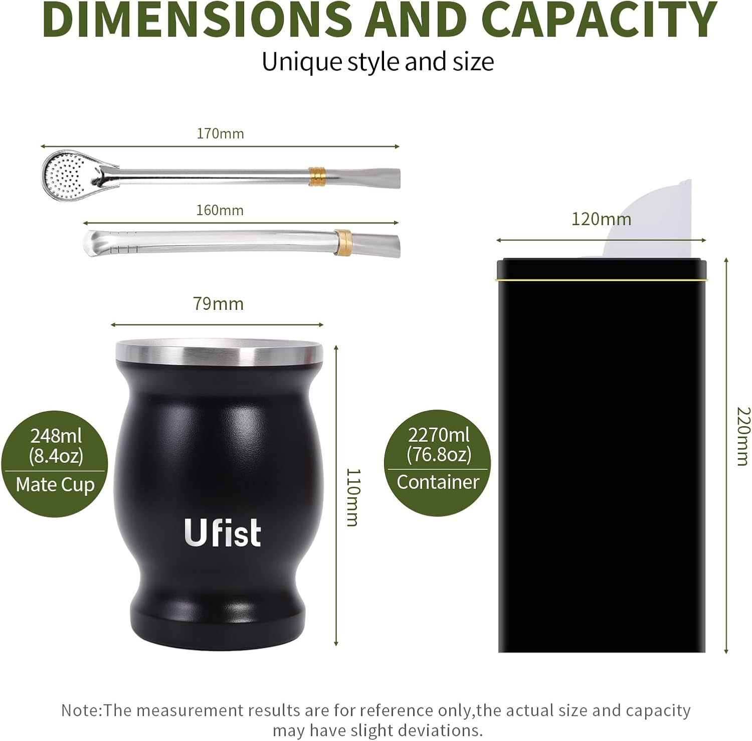 5-in-1 Yerba Mate Set, 8.4oz Cup, 76.8oz Storage Container, 2 Bombilla Straws, Black (Argentina)