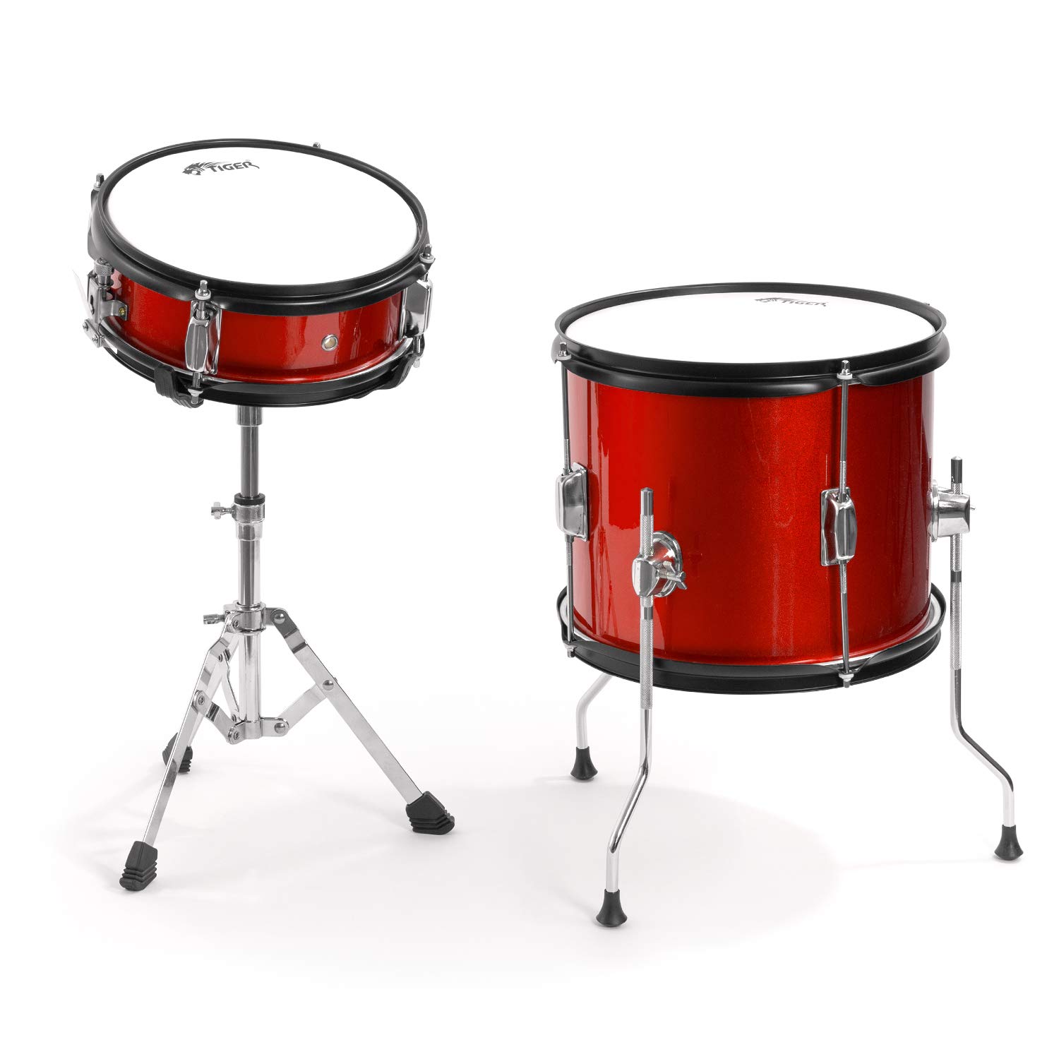 TIGER JDS14-RD - Batteria per ragazzi 5 pezzi, con rullante, tom, basso, pedale, Hi-Hat, piatti crash, bacchette e sgabello - colore rosso