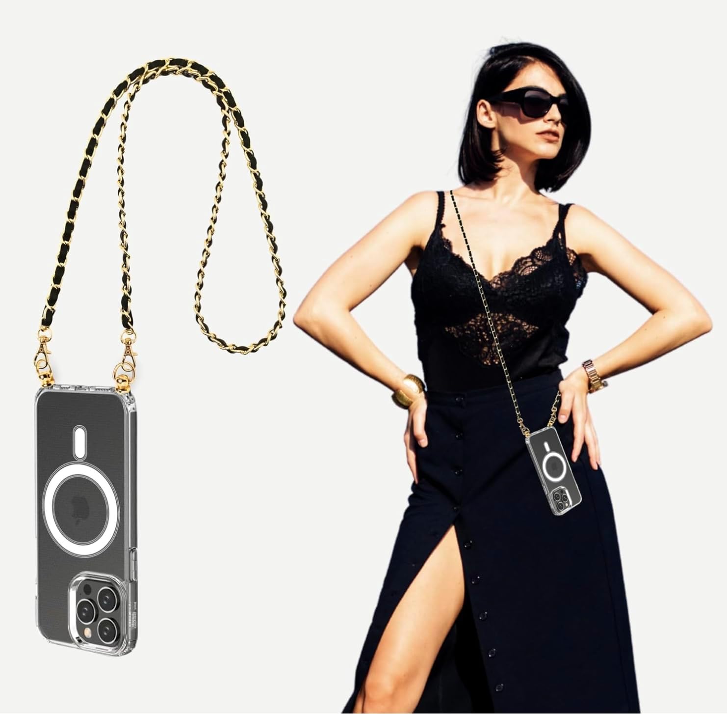 Aporia - Compatible with MagSafe Clear Case with Hooks and Crossbody Shoulder Strap Chain | Wireless Charging + Luxury Design | 120cm 47.25 inches (iPhone 17 Pro Max)