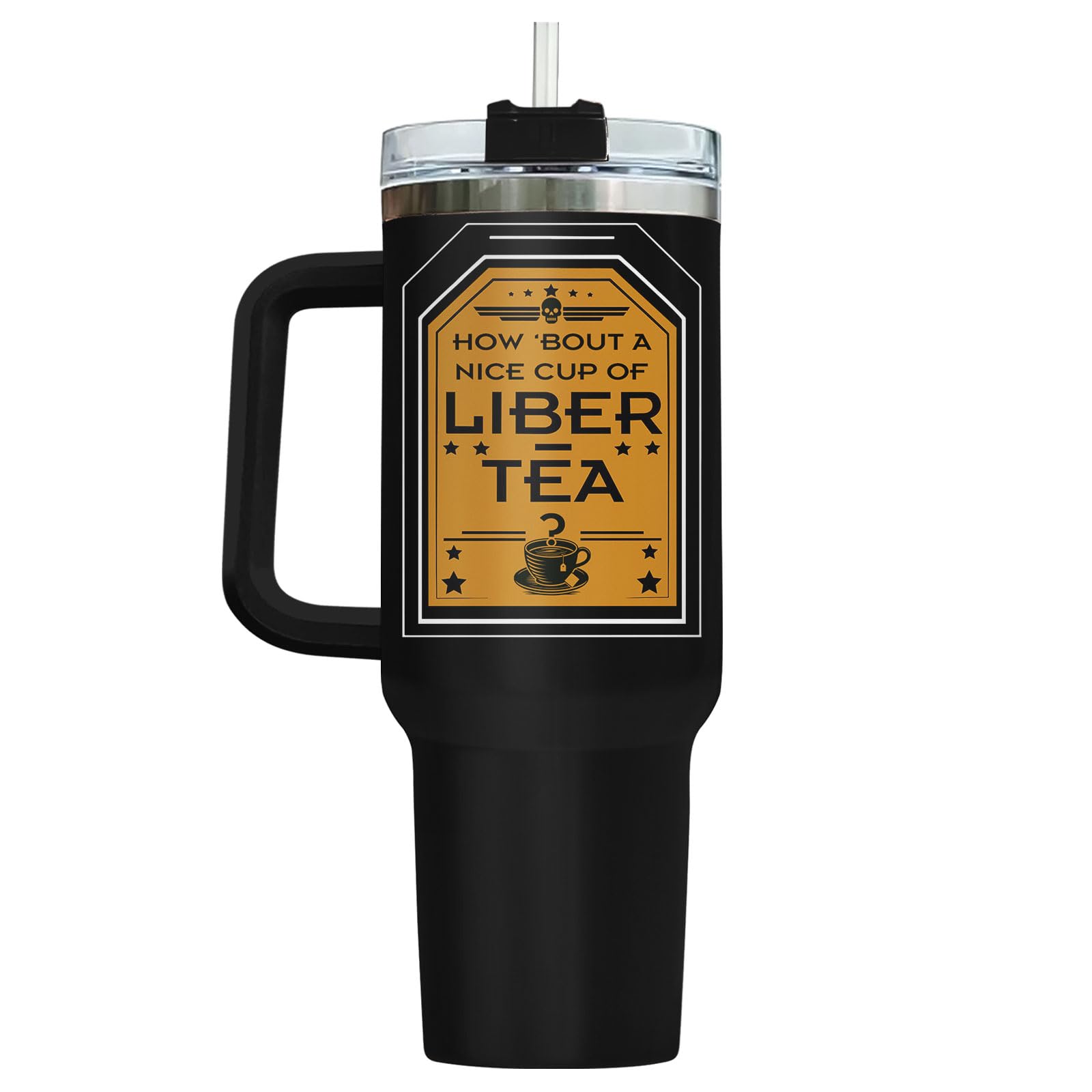 Liber Tea Tumbler 40oz with Handle and Straw, Patriotic Tea Vacuum Insulated Travel Gaming Cup, Gamer Gifts for Father's Day - Cool Birthday Present for Him, Men & Daddy
