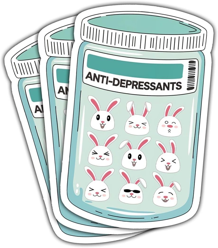 (3PCS) Anti-Depressants Bunny Sticker – Cute Rabbit in Pill Bottle Design Funny Mental Health Vinyl Decal, Waterproof for Laptop, Phone, Water Bottle, Tumbler, Kindle, Car Bumper – 3 Inch