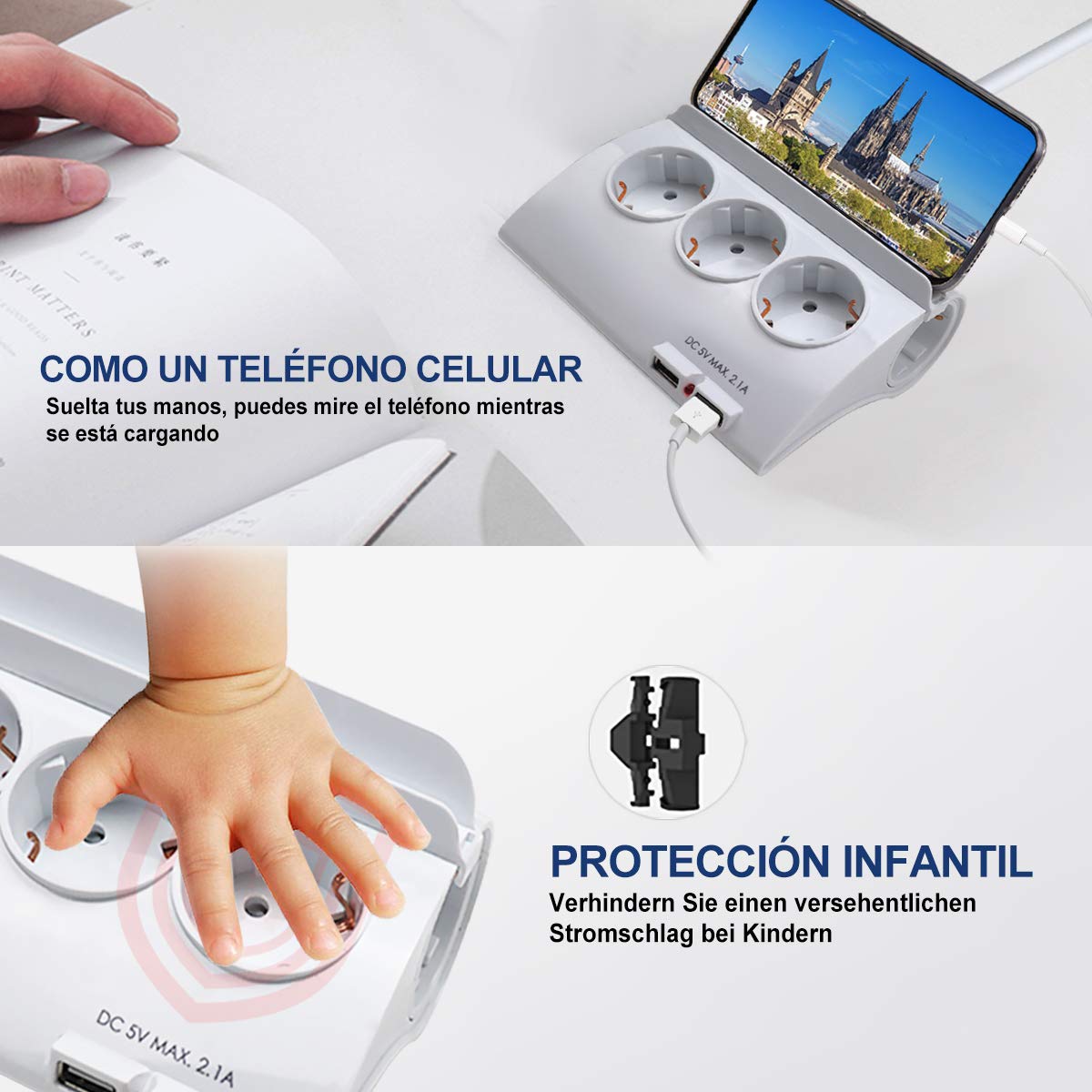 🔌 Regleta EXTRASTAR Con 5 Enchufes Schuko, 2 Puertos USB (5V 2.1A), Interruptor, Cable 1.5m, Protección Infantil Y Contra Sobretensiones, 3680W, 230V, 16A (blanco)