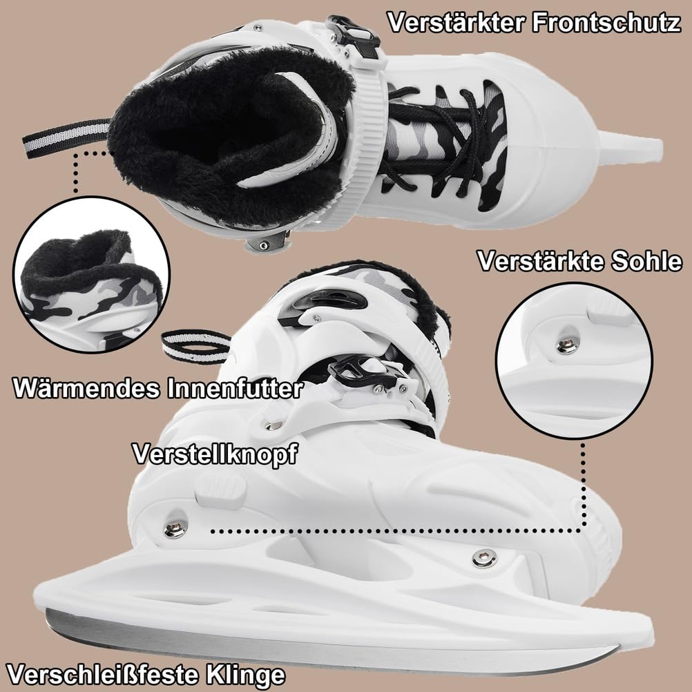 Pattini da ghiaccio regolabili per bambini uomini e donne, pattini da ghiaccio taglie da 30 a 45, eleganti scarpe da pattinaggio con chiusura rapida per una presa sicura, facili da indossare e