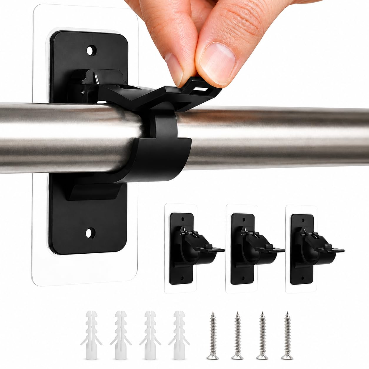GUGUGO Curtain Pole Holders No Drilling 4 Pack, Large Black Self Adhesive Curtain Rod Brackets, Nail Free Adjustable Wall Mount Holders for Windows, Doors, Bathroom, Bedroom, Kitchen and Living Room