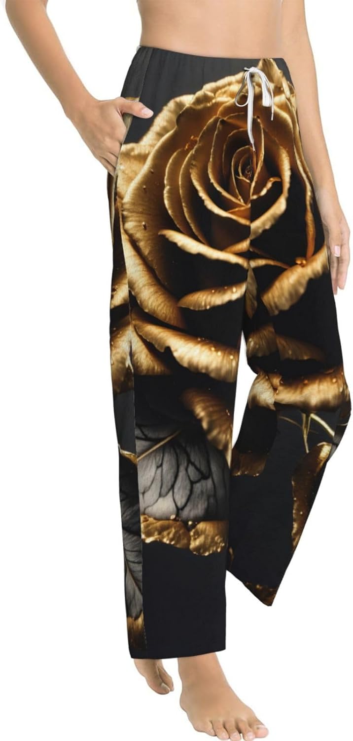 Black And Gold Flowers Print Fashion Cozy Womens Flannel Pajama Pants,Perfect For Christmas And Everyday Wear