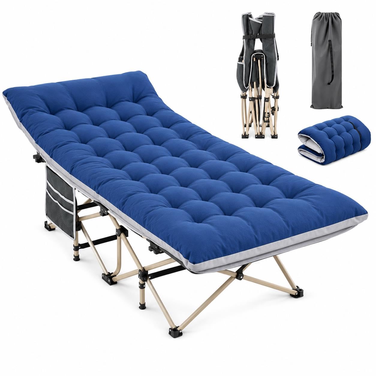 Yaheetech Folding Camping Cot with Gray Cover and Blue Pad