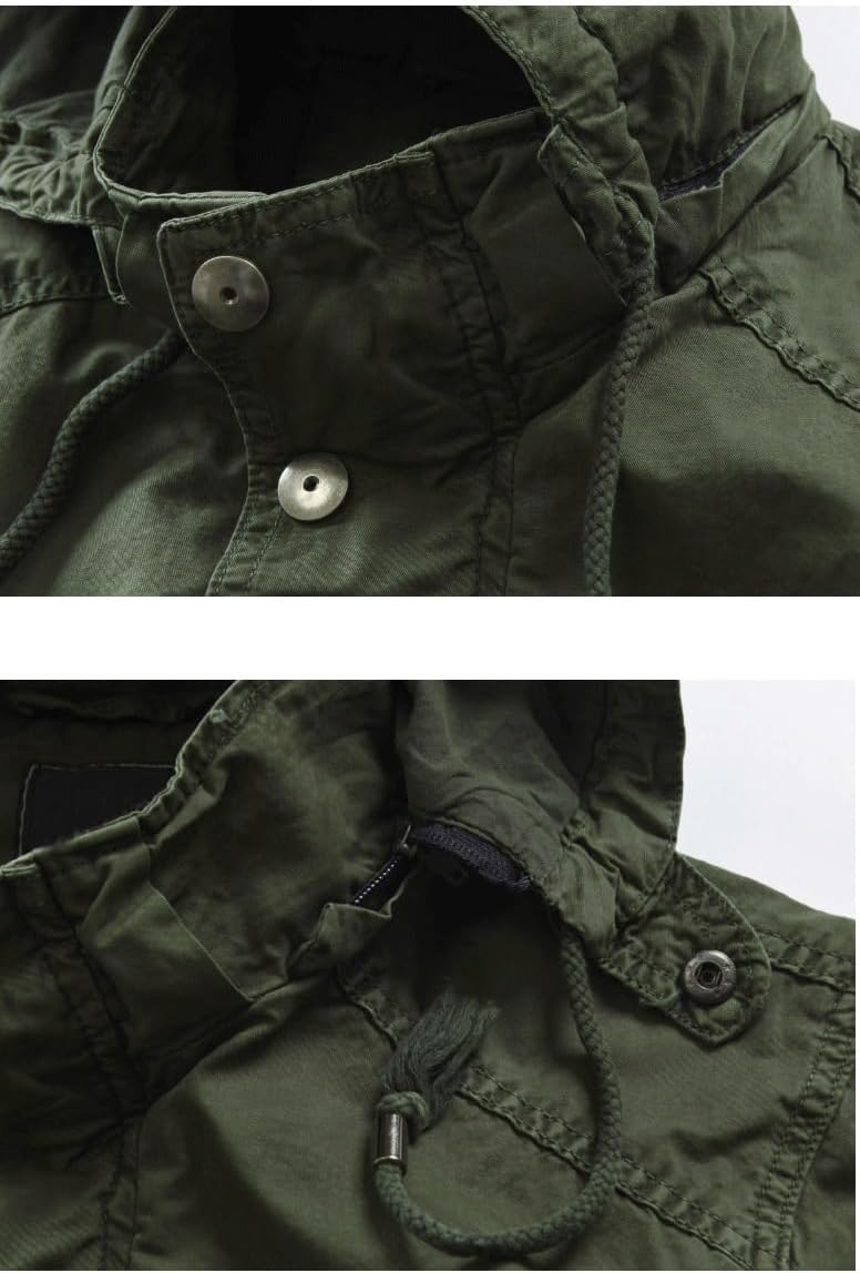 Men's Windproof Military Style Parka, Mid-Length Washed Cotton Hooded Jacket with Waist Drawstring and Multi-Pockets