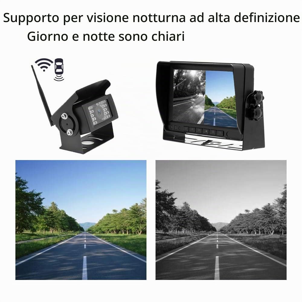 Telecamera Posteriore Wireless Digitale con 7 Pollici Monitor HD LCD, Impermeabile IP69, Visione Notturna, 2x Senza Fili Retrocamera, 12V-36V per camion/rimorchio/camper/barca/semirimorchio/bus