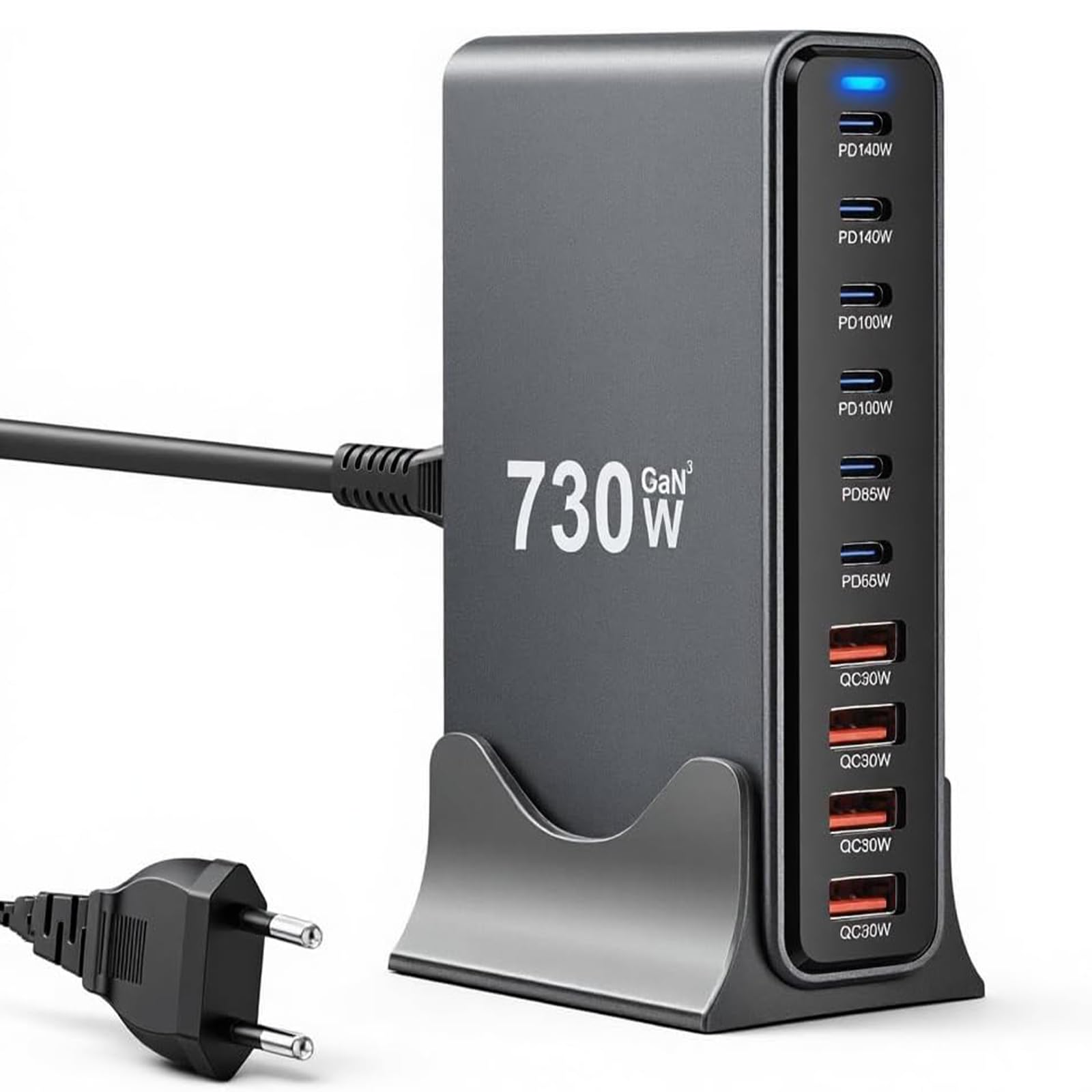 Stazione di Ricarica USB 10 Porte 730W, Caricatore GaN III PD 140W 100W 65W 30W USB-C/USB-A, Presa di Ricarica Rapida per Laptop e Telefoni, Compatibile con MacBook Pro/Air, per iPhone 15/16/14
