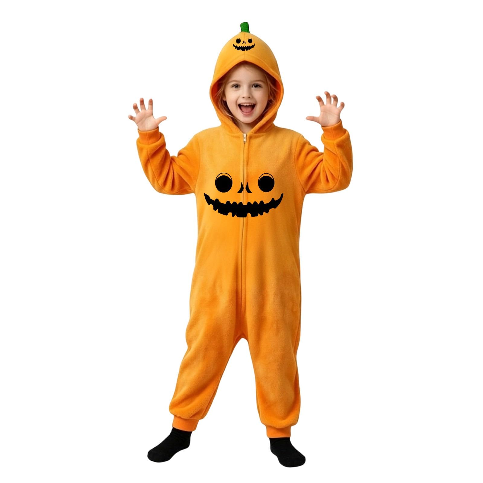 Kids Hooded Pumpkin Fleece Onesie Soft One Piece Halloween Fancy Dress Outfit with Green Leaf Collar Lantern Print Front Zip Cosplay Costume for Kids Dress Up Play Trick or Treat Events — image 1