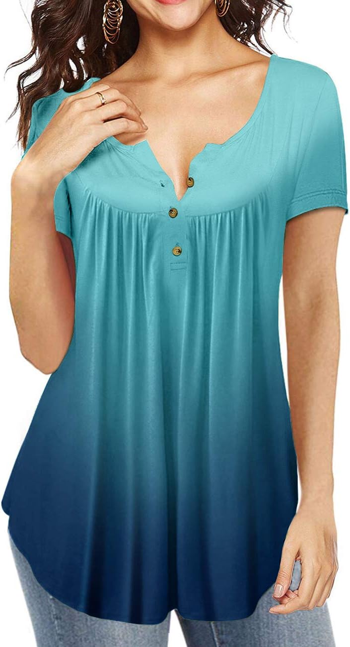 AMCLOS Womens Tie-Dye Tops V Neck Soft T-Shirts Flowy Pleats Tunic Button up Casual Blouses Summer Short Sleeve