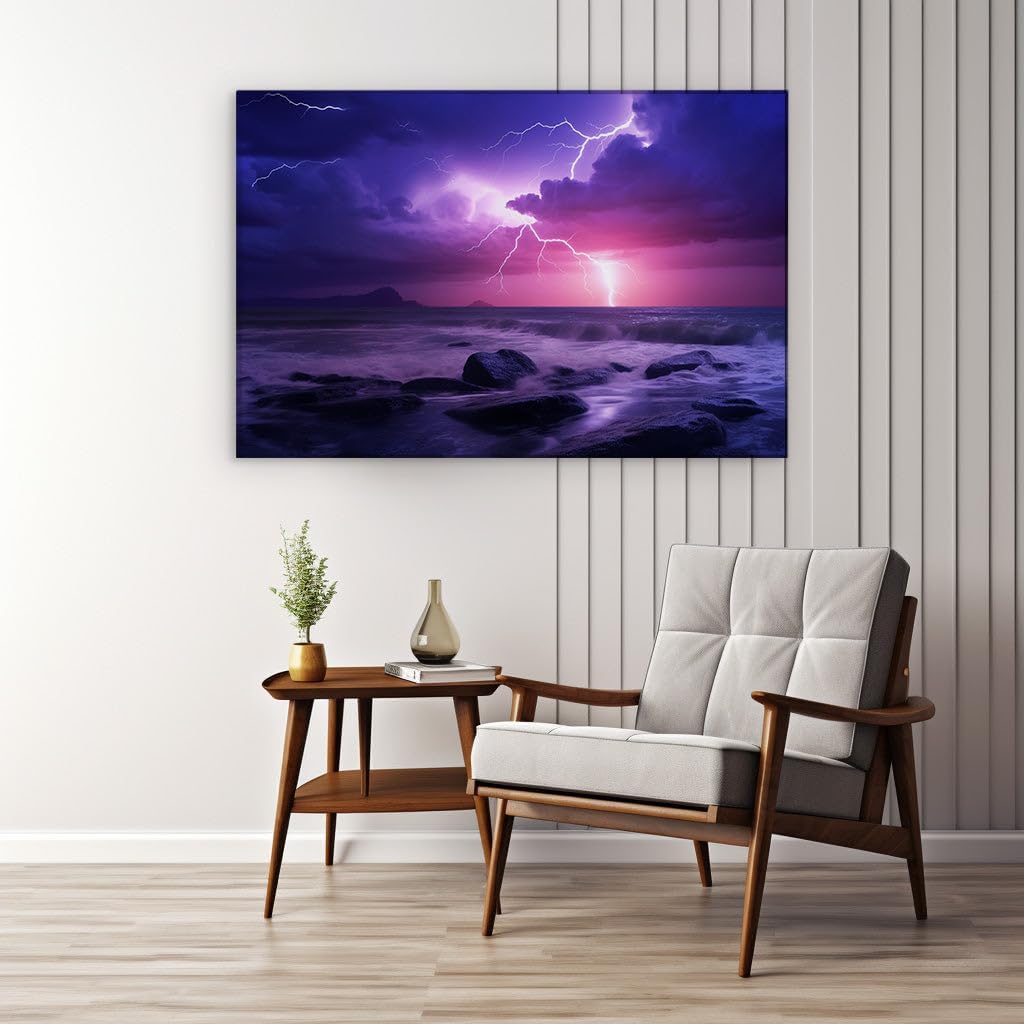 Canvas for Living room. Electric Fury: A Stormy Sea Night Unleashed, 27 x 18 inch Canvas Wall Art - Ready to Hang - 69x46 cm (27x18 inch)