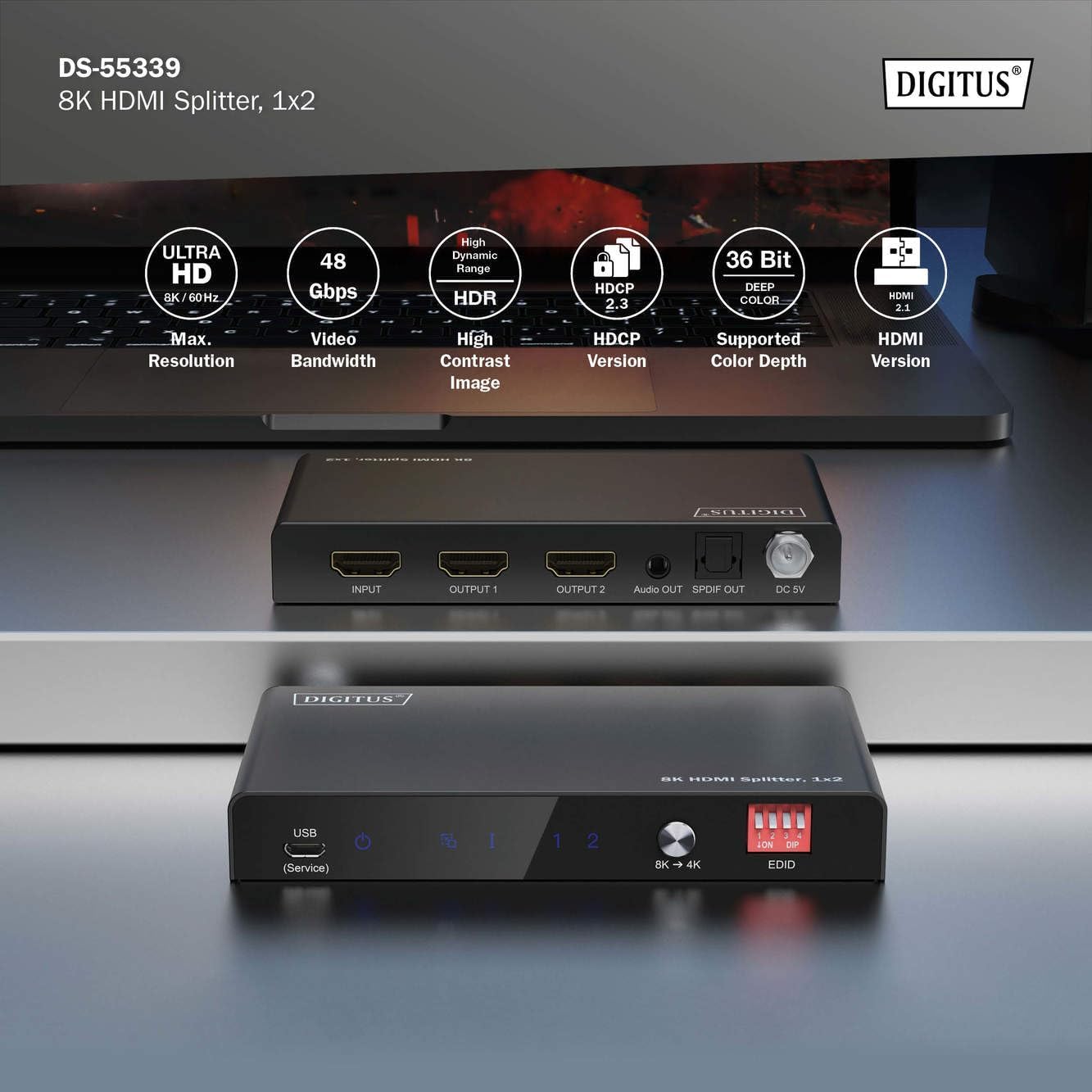 DIGITUS DS-55339 HDMI Splitter 1x2 - Input: 1 Port/Output: 2-Port - UHD 8K/60Hz HDTV: 7680 × 4320p - HDCP 2.3 & HDMI 2.1 - HDR, Deep Color, EDID Switch - Toslink, Stereo (3.5mm)