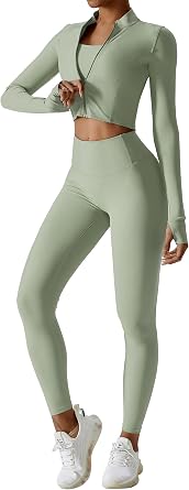 Workout Sets for Women 3 Piece Long Sleeve Zip Up Jacket, Crop Top, High Waisted Yoga Leggings Gym Athletic Sets
