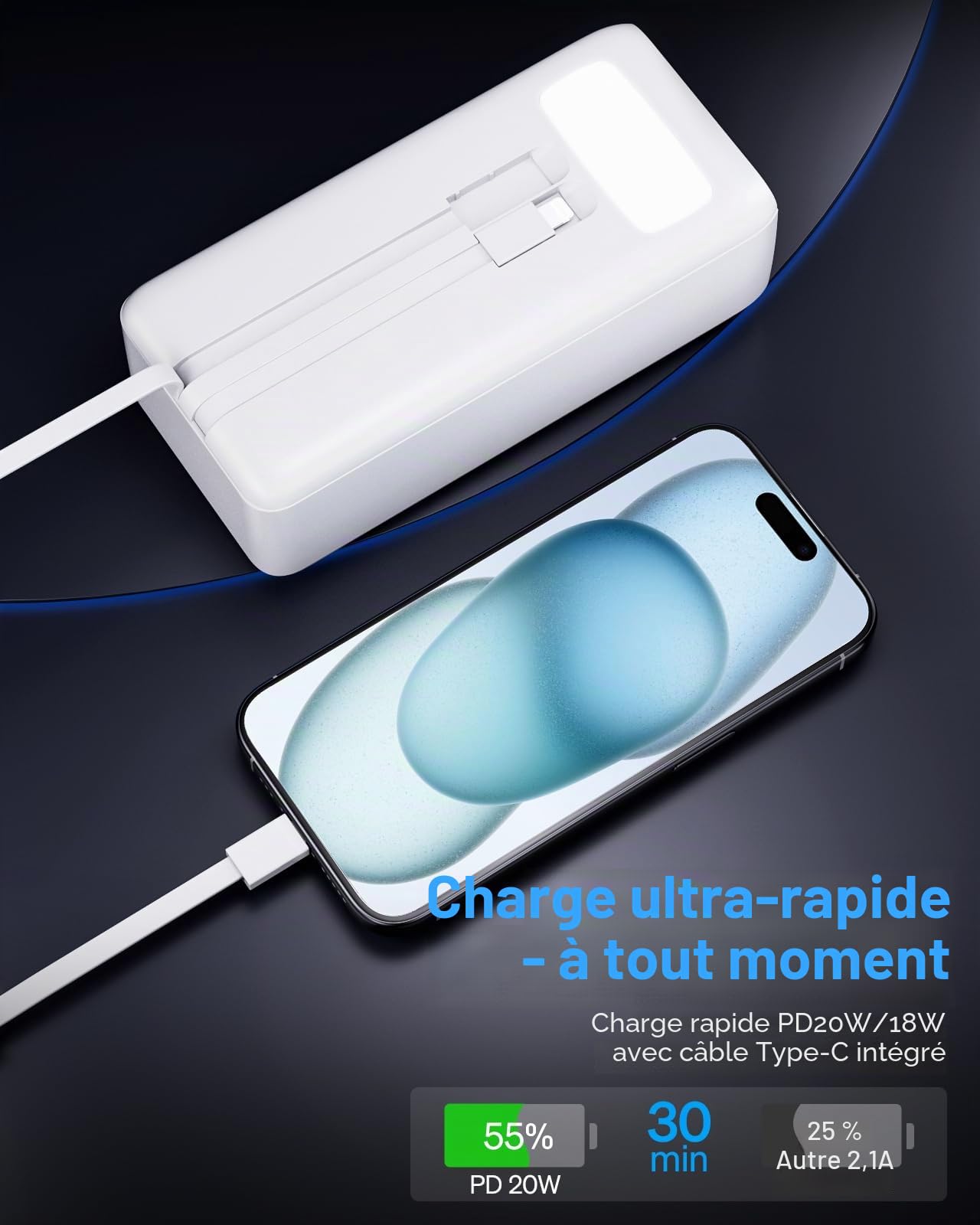 Batterie externe 50 000 mAh avec câble intégré : batterie externe à charge rapide de 22,5 W de grande capacité, chargeur portable avec lampe de poche LED et 7 sorties et 3 entrées