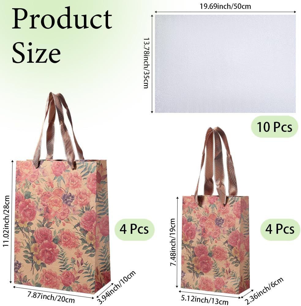 Beebeecraft 8Pcs 2 Sizes Floral Paper Bags with Handles 8x4x11/5x2x7 Inch Kraft Bags with Tissue Vintage Wildflower Print for Wedding Birthday Party Favor Treat Gift - Image 2