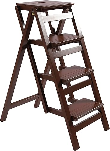 Miniatura 7 de Taburete plegable de madera portátil de 4 escalones, escalera de biblioteca, carga máxima de 220 libras, para el hogar, tienda, oficina, cocina,