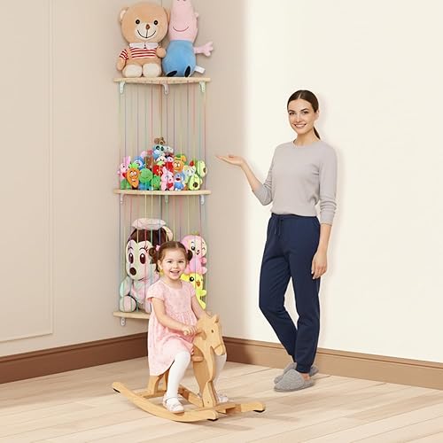 Miniatura 5 de Hamaca de almacenamiento de animales de peluche, soporte de madera para juguetes de peluche, organizador de almacenamiento de juguetes para sala de