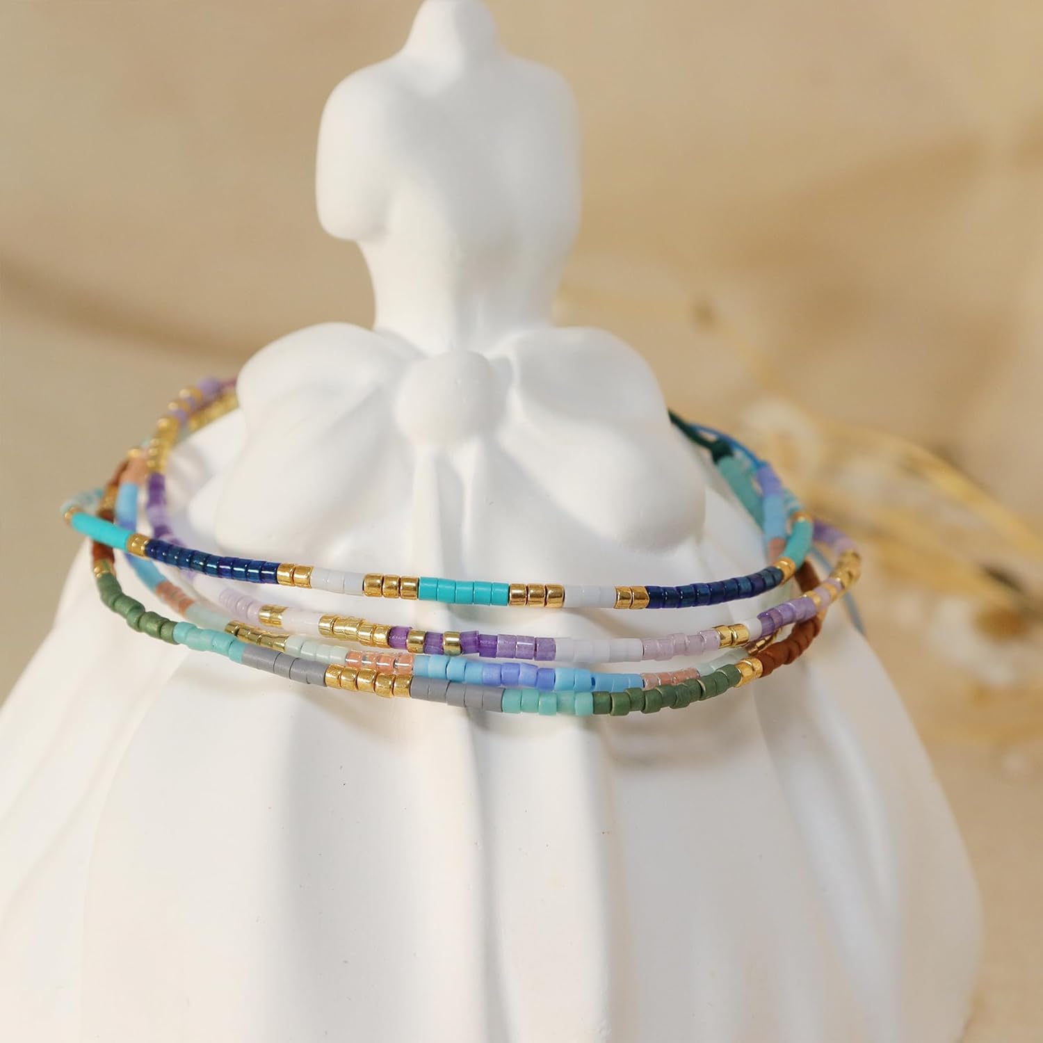 Purple Blue Beaded Stack Bracelets Set for Women, 4Psc Cute Dainty Boho Handmade Adjustable Colorful Beads Stackable Strand Bracelet Prom Jewelry Gift. - Image 3